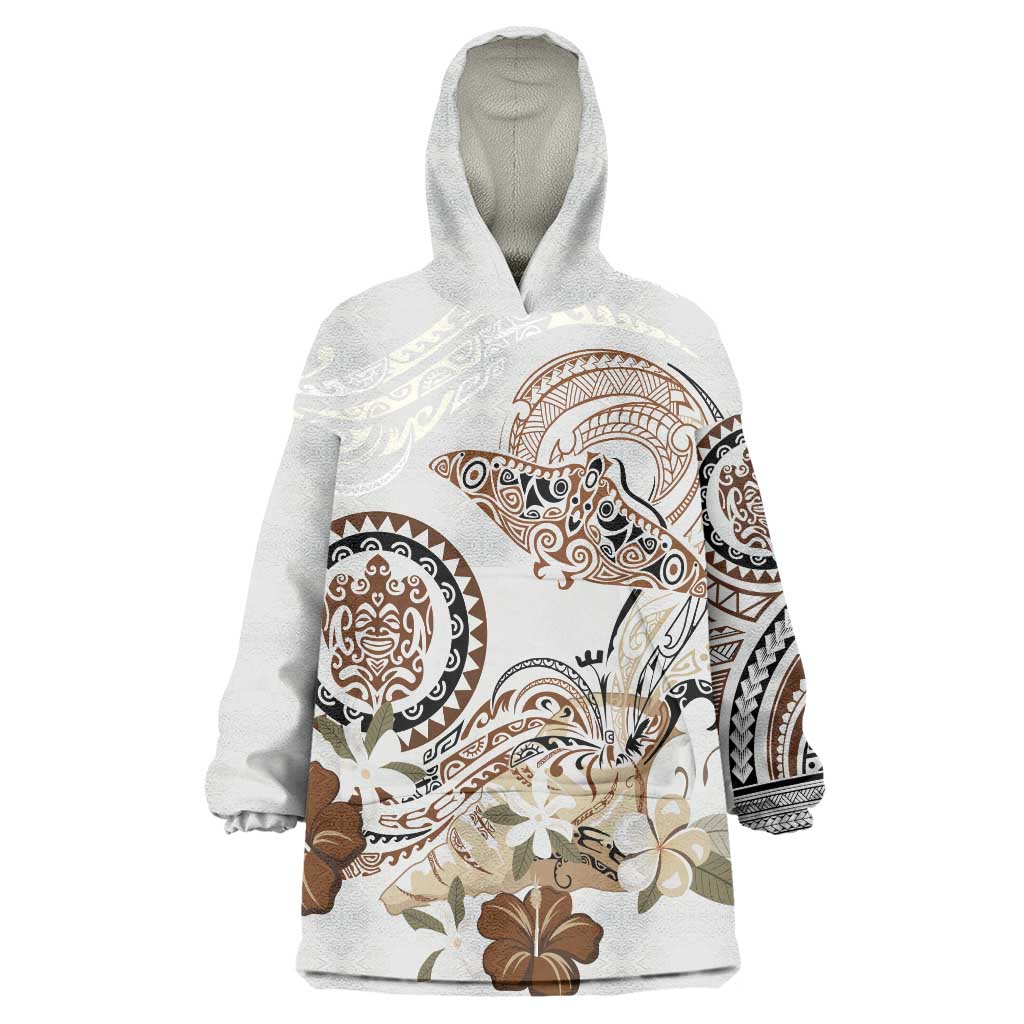 Polynesian Manta Ray Wearable Blanket Hoodie Beige Floral Turtle Tattoo - Polynesian Pride