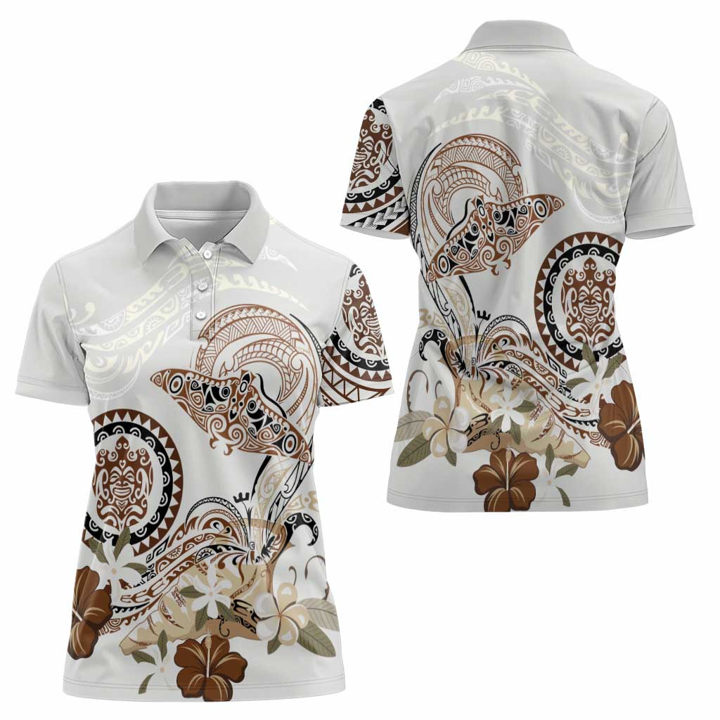 Polynesian Manta Ray Women Polo Shirt Beige Floral Turtle Tattoo - Polynesian Pride