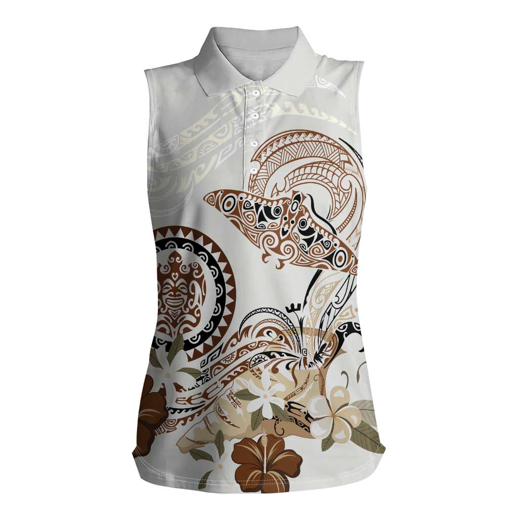Polynesian Manta Ray Women Sleeveless Polo Shirt Beige Floral Turtle Tattoo LT9 Female Beige - Polynesian Pride
