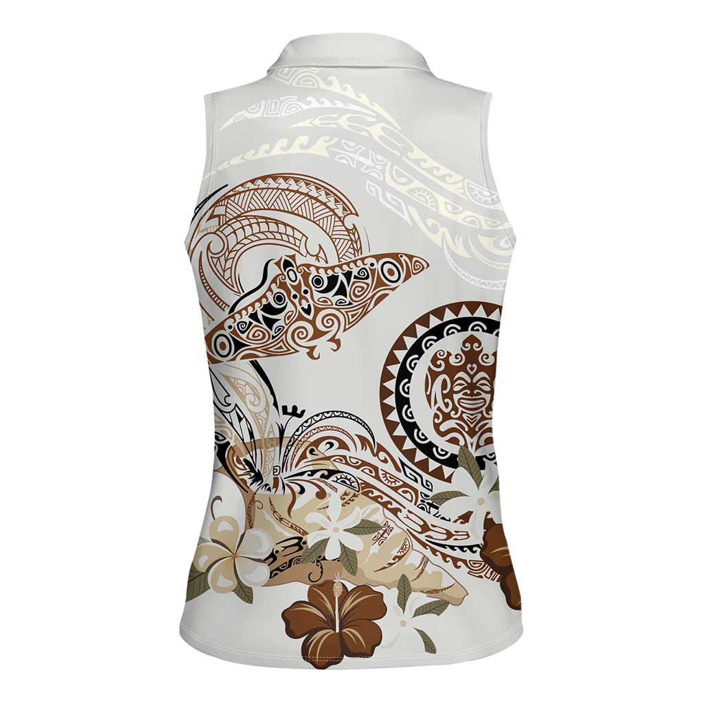 Polynesian Manta Ray Women Sleeveless Polo Shirt Beige Floral Turtle Tattoo LT9 - Polynesian Pride
