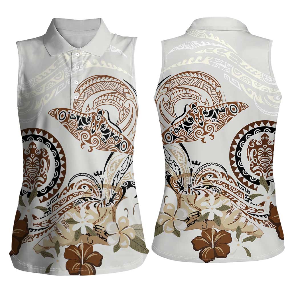 Polynesian Manta Ray Women Sleeveless Polo Shirt Beige Floral Turtle Tattoo LT9 - Polynesian Pride