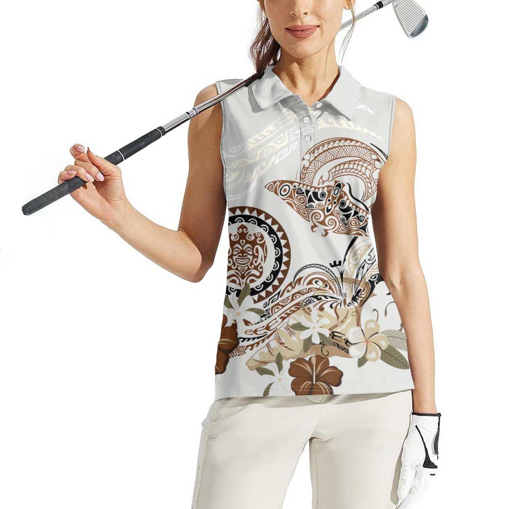 Polynesian Manta Ray Women Sleeveless Polo Shirt Beige Floral Turtle Tattoo LT9 - Polynesian Pride