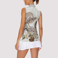 Polynesian Manta Ray Women Sleeveless Polo Shirt Beige Floral Turtle Tattoo LT9 - Polynesian Pride