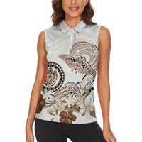 Polynesian Manta Ray Women Sleeveless Polo Shirt Beige Floral Turtle Tattoo LT9 - Polynesian Pride