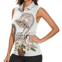 Polynesian Manta Ray Women Sleeveless Polo Shirt Beige Floral Turtle Tattoo LT9 - Polynesian Pride