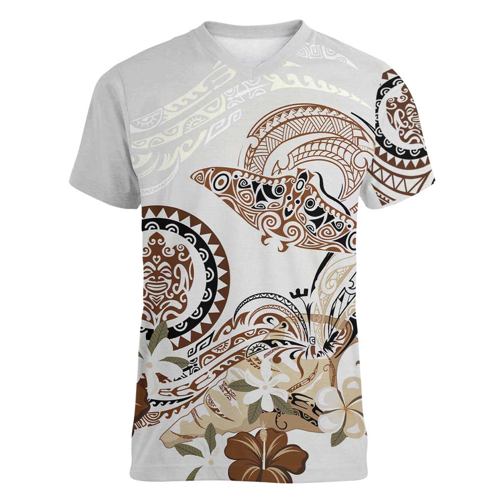 Polynesian Manta Ray Women V-Neck T-Shirt Beige Floral Turtle Tattoo - Polynesian Pride