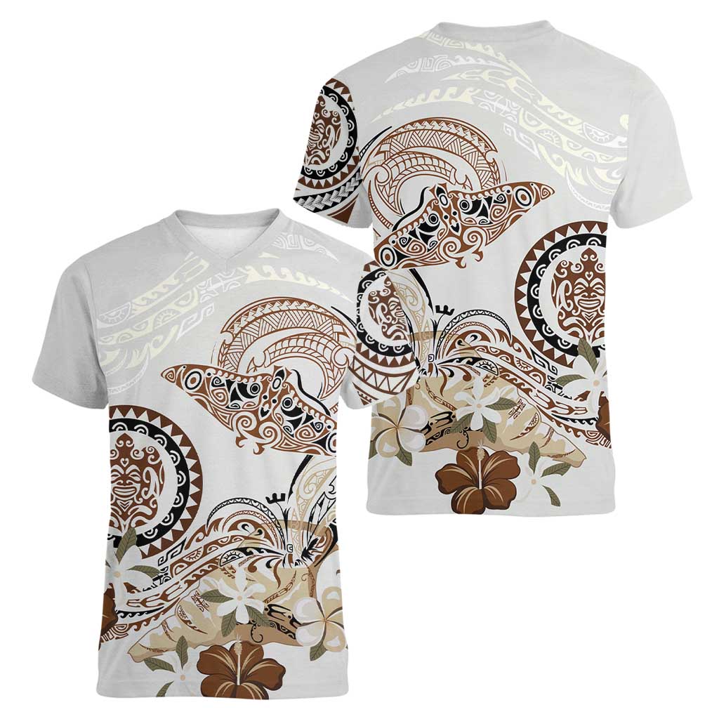 Polynesian Manta Ray Women V-Neck T-Shirt Beige Floral Turtle Tattoo - Polynesian Pride