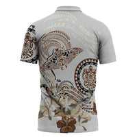 Polynesian Manta Ray Zipper Polo Shirt Beige Floral Turtle Tattoo LT9 - Polynesian Pride