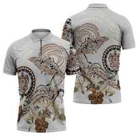 Polynesian Manta Ray Zipper Polo Shirt Beige Floral Turtle Tattoo LT9 - Polynesian Pride