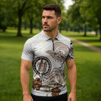 Polynesian Manta Ray Zipper Polo Shirt Beige Floral Turtle Tattoo LT9 - Polynesian Pride