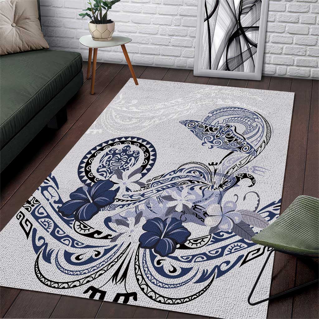 Polynesian Manta Ray Area Rug Blue Floral Turtle Tattoo - Polynesian Pride