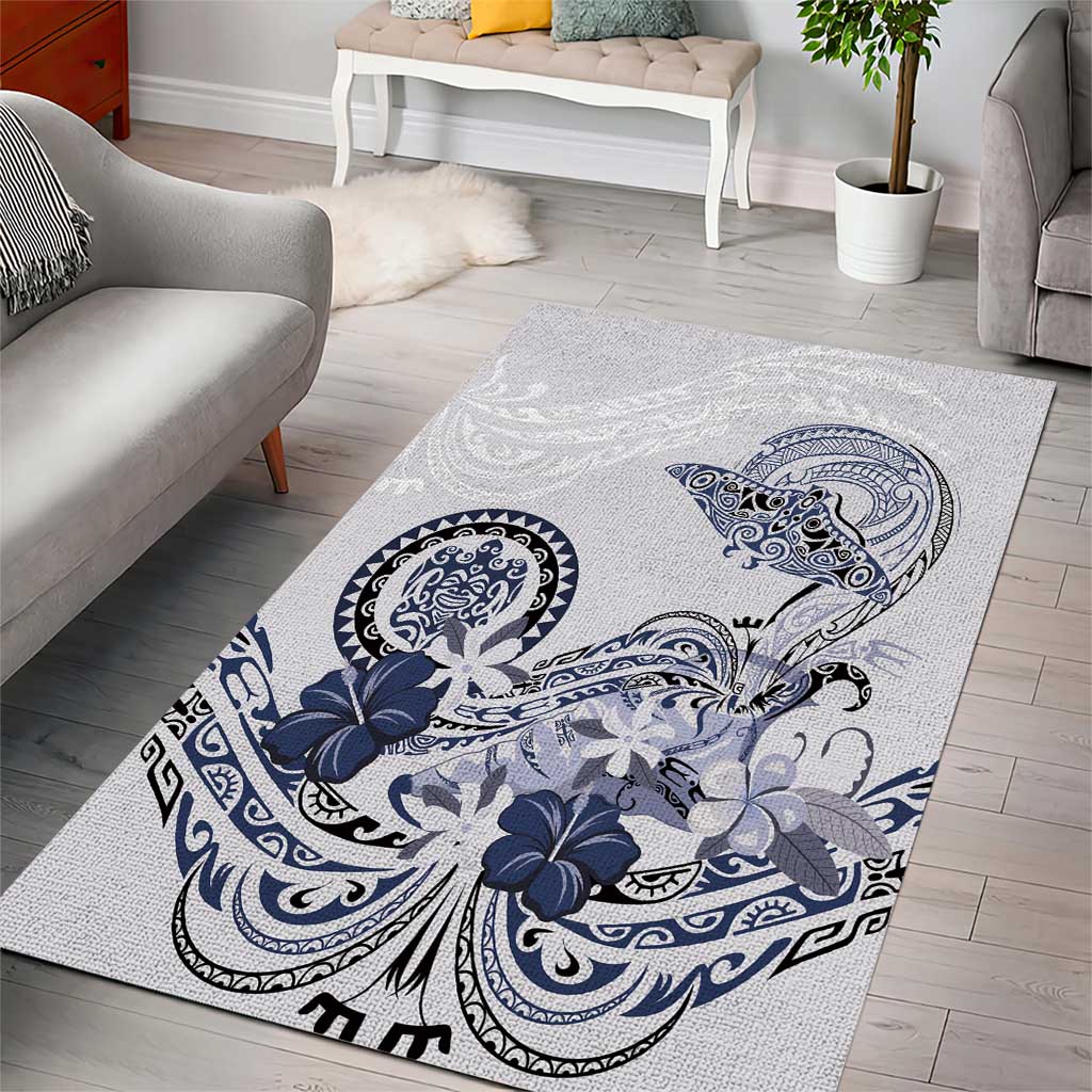 Polynesian Manta Ray Area Rug Blue Floral Turtle Tattoo - Polynesian Pride