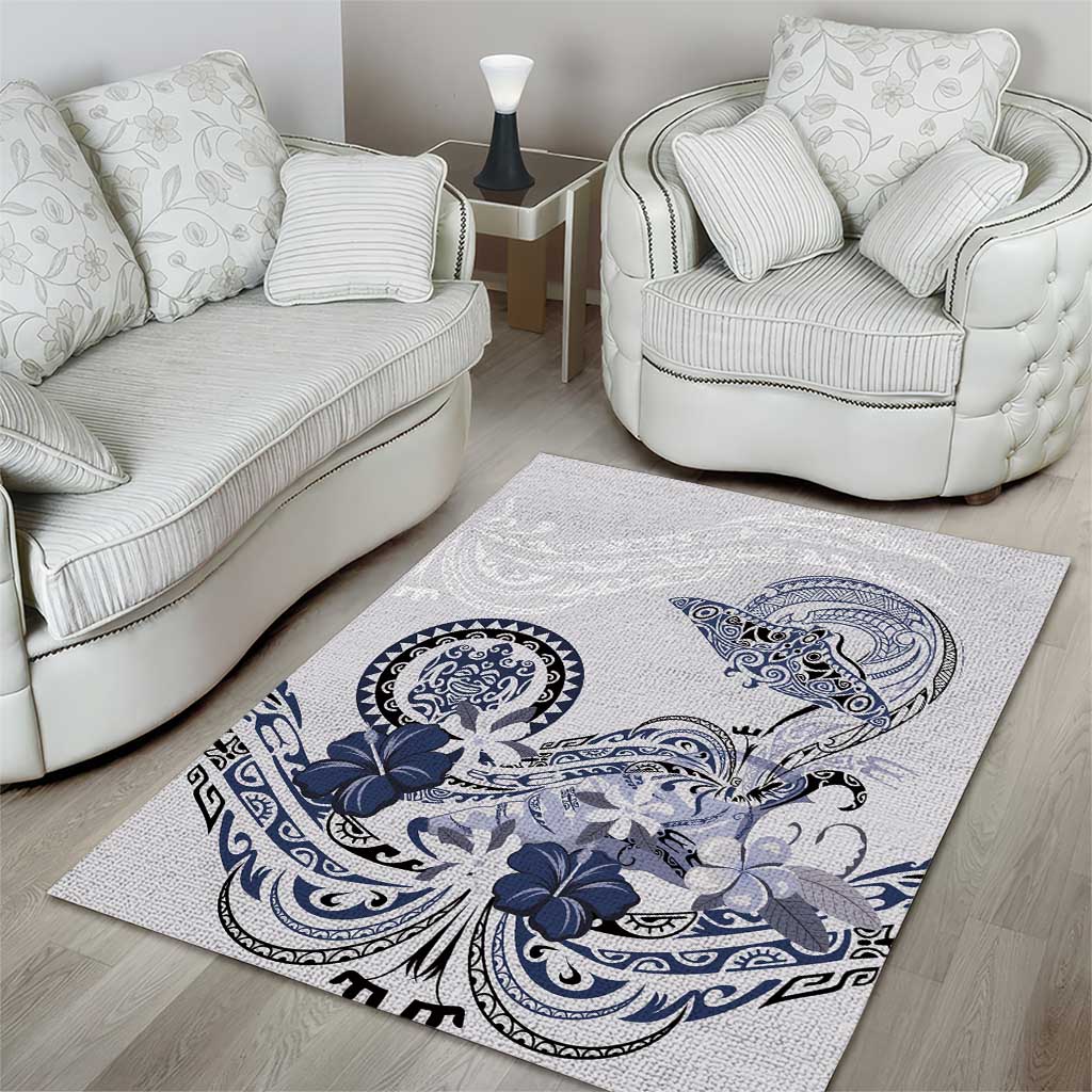 Polynesian Manta Ray Area Rug Blue Floral Turtle Tattoo - Polynesian Pride