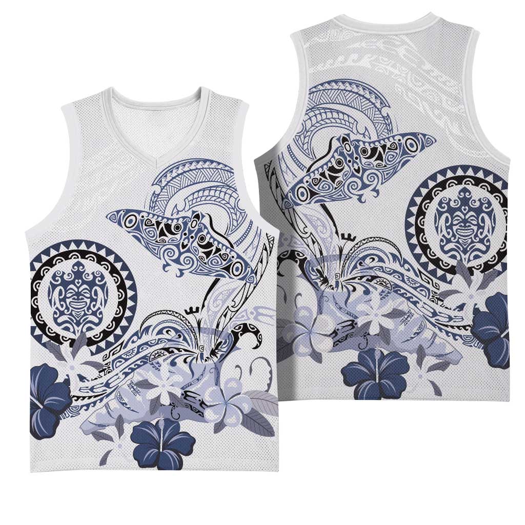 Polynesian Manta Ray Basketball Jersey Blue Floral Turtle Tattoo LT9 - Polynesian Pride