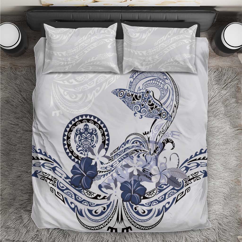 Polynesian Manta Ray Bedding Set Blue Floral Turtle Tattoo - Polynesian Pride