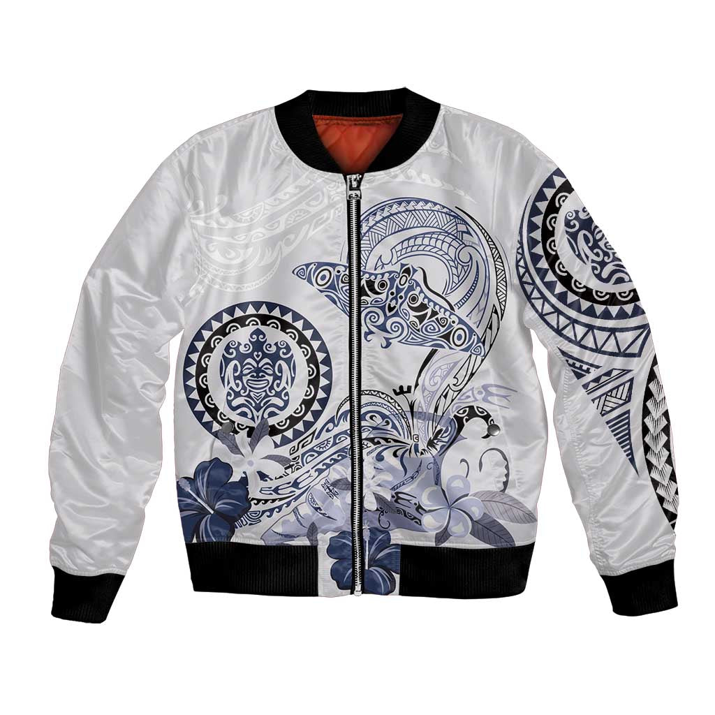Polynesian Manta Ray Bomber Jacket Blue Floral Turtle Tattoo - Polynesian Pride
