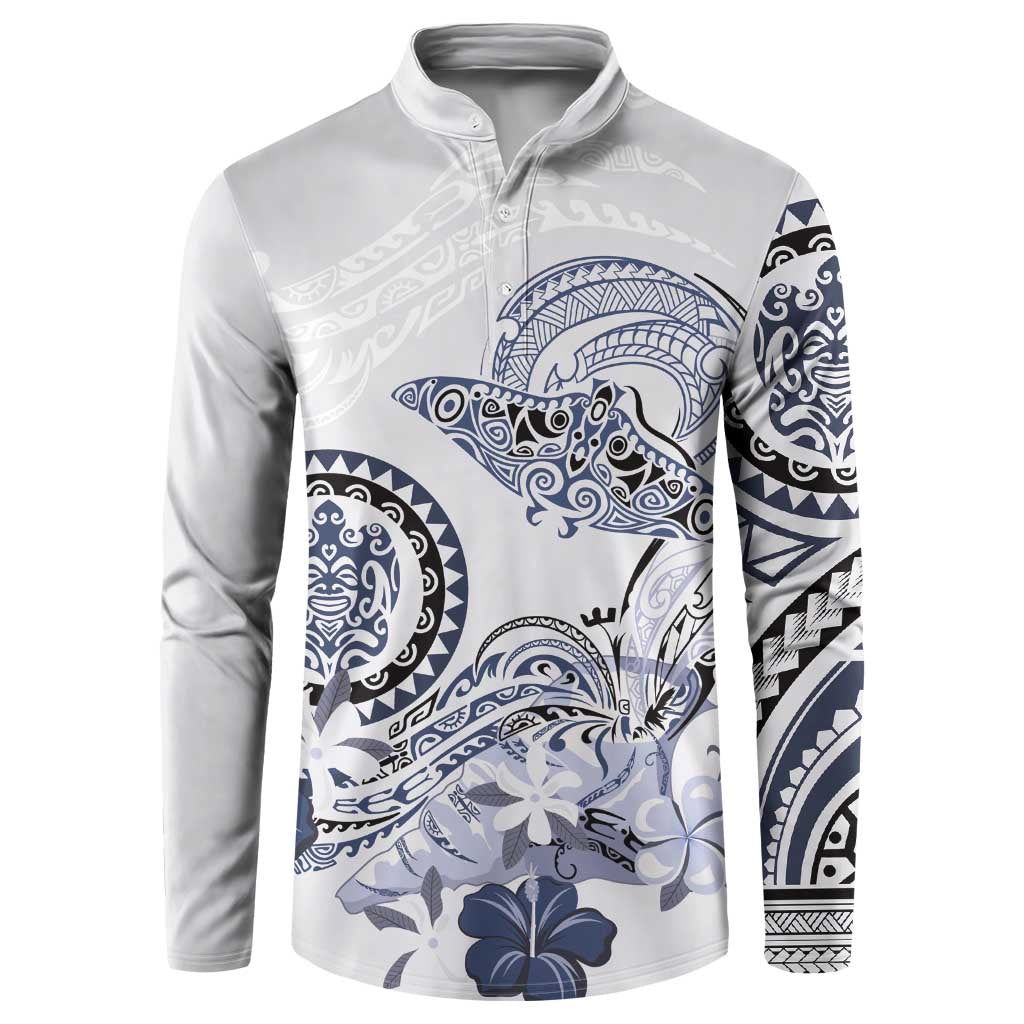 Polynesian Manta Ray Button Sweatshirt Blue Floral Turtle Tattoo LT9 Blue - Polynesian Pride