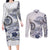 Polynesian Manta Ray Couples Matching Long Sleeve Bodycon Dress and Long Sleeve Button Shirt Blue Floral Turtle Tattoo - Polynesian Pride
