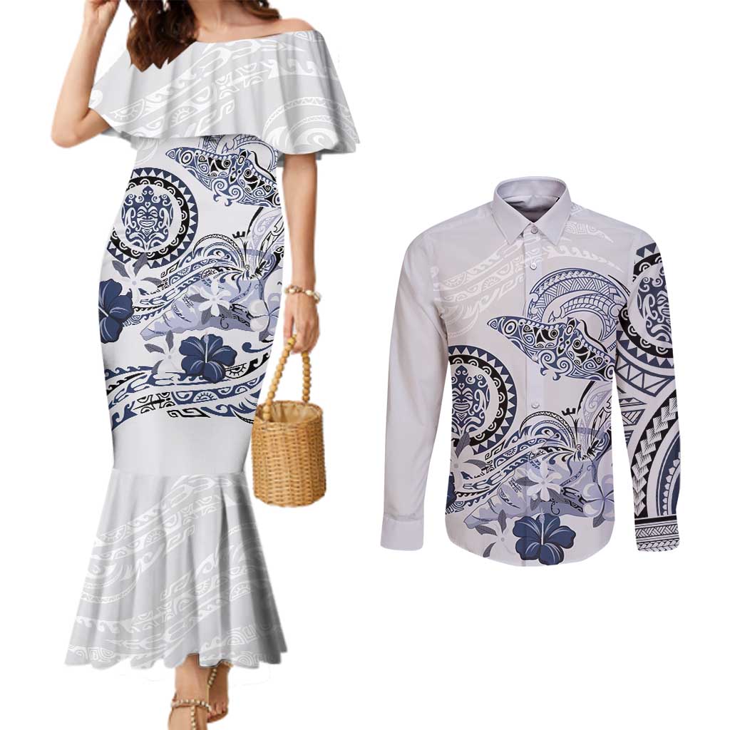 Polynesian Manta Ray Couples Matching Mermaid Dress and Long Sleeve Button Shirt Blue Floral Turtle Tattoo - Polynesian Pride