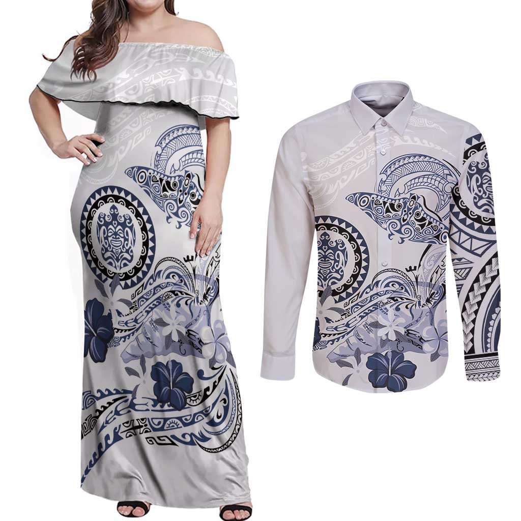 Polynesian Manta Ray Couples Matching Off Shoulder Maxi Dress and Long Sleeve Button Shirt Blue Floral Turtle Tattoo LT9 Blue - Polynesian Pride