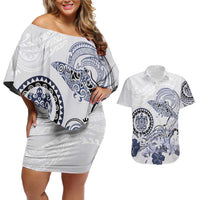 Polynesian Manta Ray Couples Matching Off Shoulder Short Dress and Hawaiian Shirt Blue Floral Turtle Tattoo - Polynesian Pride