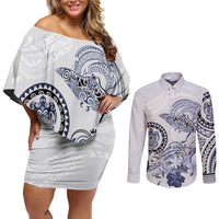Polynesian Manta Ray Couples Matching Off Shoulder Short Dress and Long Sleeve Button Shirt Blue Floral Turtle Tattoo LT9 Blue - Polynesian Pride