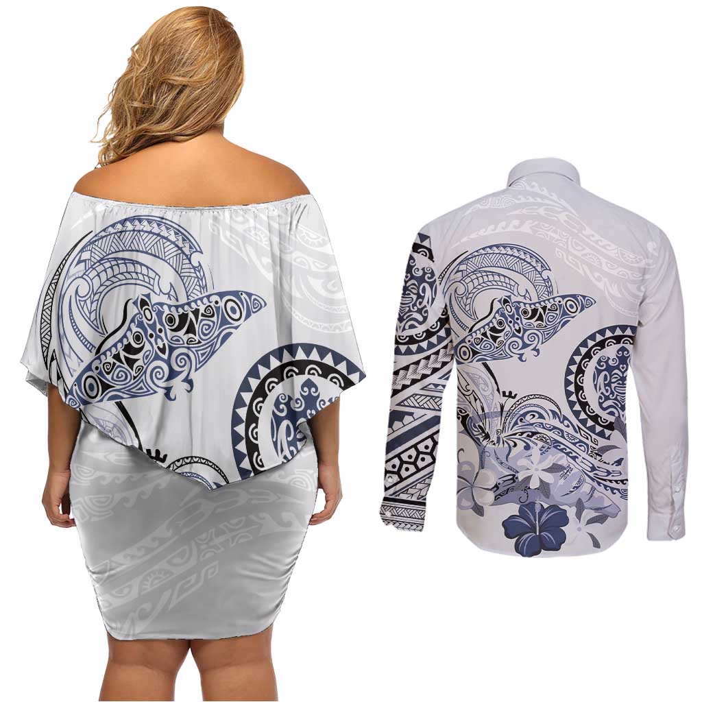 Polynesian Manta Ray Couples Matching Off Shoulder Short Dress and Long Sleeve Button Shirt Blue Floral Turtle Tattoo LT9 - Polynesian Pride
