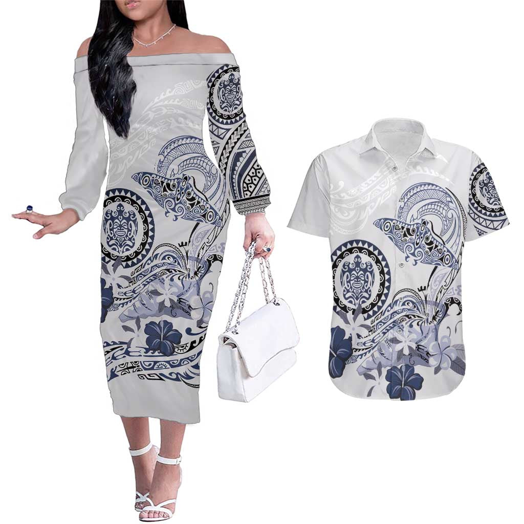 Polynesian Manta Ray Couples Matching Off The Shoulder Long Sleeve Dress and Hawaiian Shirt Blue Floral Turtle Tattoo - Polynesian Pride