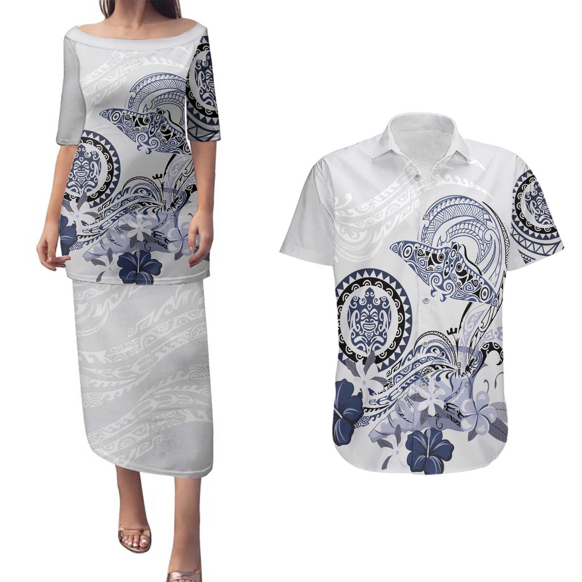 Polynesian Manta Ray Couples Matching Puletasi and Hawaiian Shirt Blue Floral Turtle Tattoo LT9 Blue - Polynesian Pride