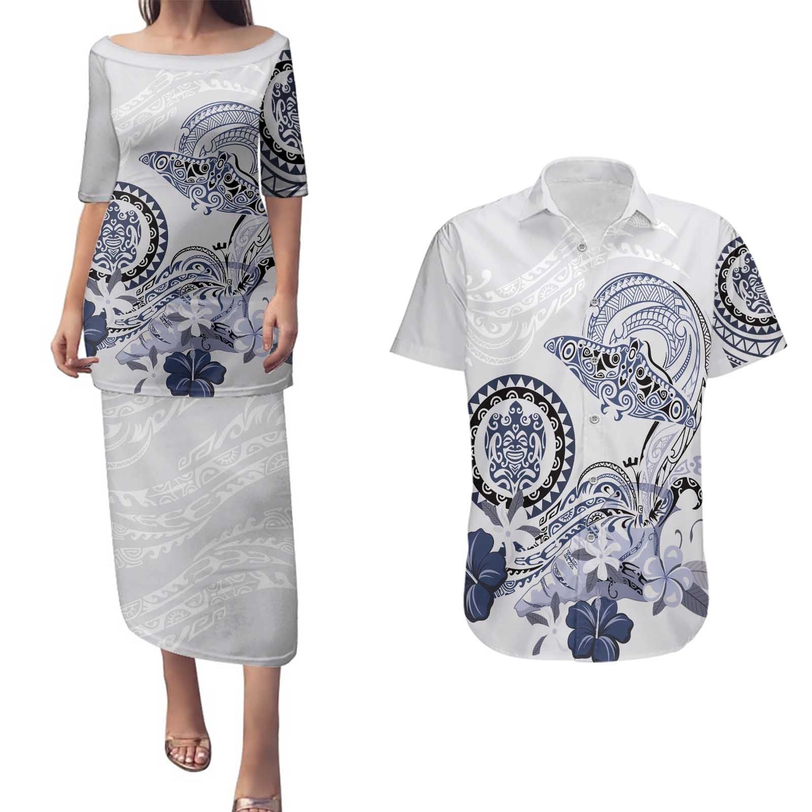 Polynesian Manta Ray Couples Matching Puletasi and Hawaiian Shirt Blue Floral Turtle Tattoo LT9 Blue - Polynesian Pride