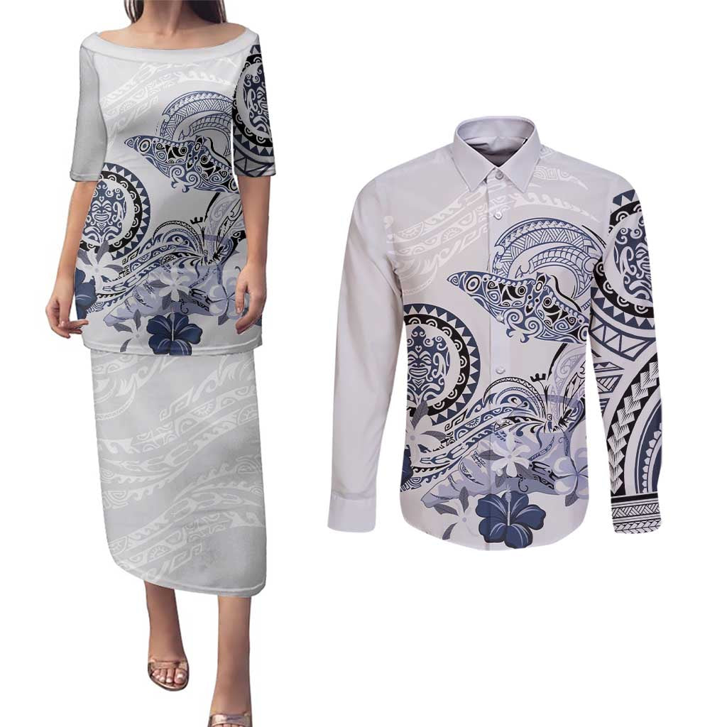 Polynesian Manta Ray Couples Matching Puletasi and Long Sleeve Button Shirt Blue Floral Turtle Tattoo - Polynesian Pride