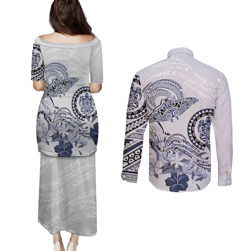 Polynesian Manta Ray Couples Matching Puletasi and Long Sleeve Button Shirt Blue Floral Turtle Tattoo LT9 - Polynesian Pride