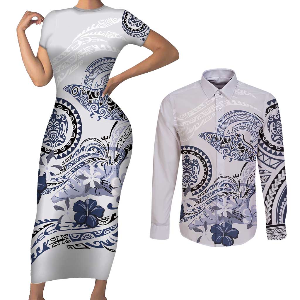 Polynesian Manta Ray Couples Matching Short Sleeve Bodycon Dress and Long Sleeve Button Shirt Blue Floral Turtle Tattoo LT9 Blue - Polynesian Pride