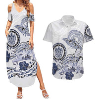 Polynesian Manta Ray Couples Matching Summer Maxi Dress and Hawaiian Shirt Blue Floral Turtle Tattoo - Polynesian Pride