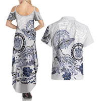 Polynesian Manta Ray Couples Matching Summer Maxi Dress and Hawaiian Shirt Blue Floral Turtle Tattoo - Polynesian Pride