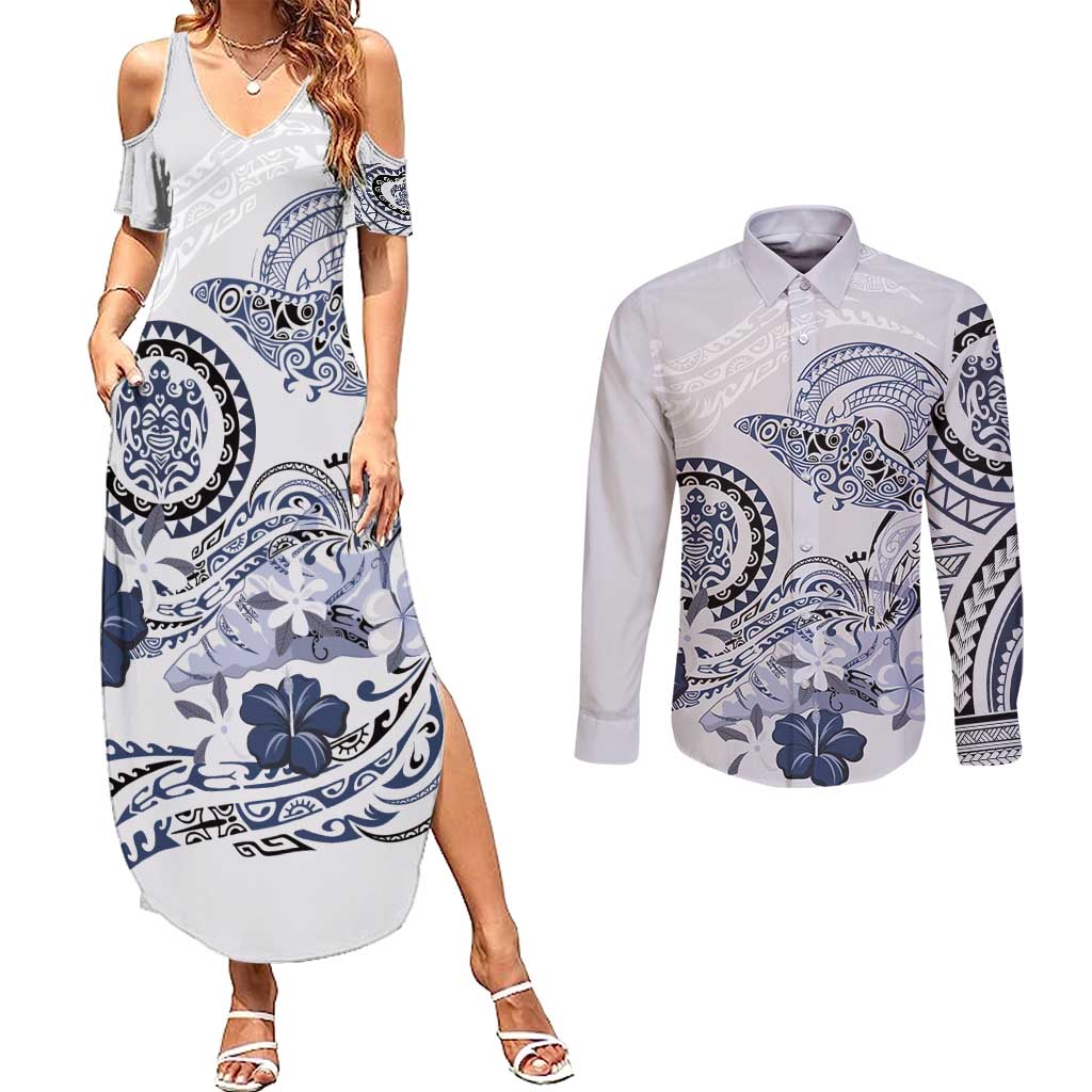 Polynesian Manta Ray Couples Matching Summer Maxi Dress and Long Sleeve Button Shirt Blue Floral Turtle Tattoo - Polynesian Pride