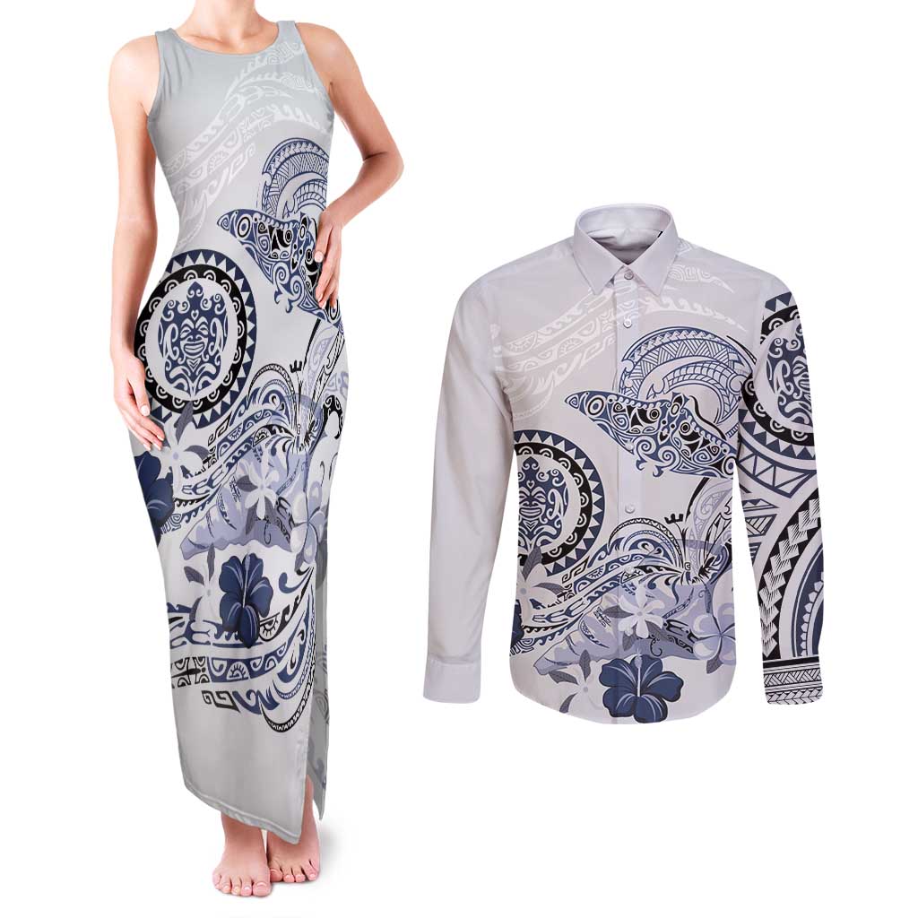 Polynesian Manta Ray Couples Matching Tank Maxi Dress and Long Sleeve Button Shirt Blue Floral Turtle Tattoo LT9 Blue - Polynesian Pride