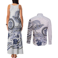 Polynesian Manta Ray Couples Matching Tank Maxi Dress and Long Sleeve Button Shirt Blue Floral Turtle Tattoo LT9 - Polynesian Pride