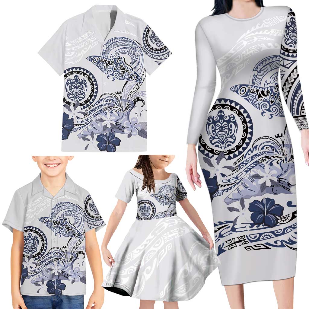 Polynesian Manta Ray Family Matching Long Sleeve Bodycon Dress and Hawaiian Shirt Blue Floral Turtle Tattoo - Polynesian Pride