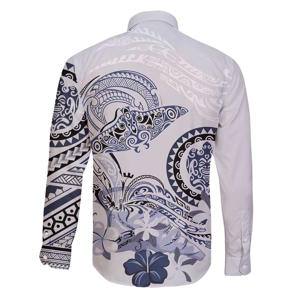 Polynesian Manta Ray Family Matching Long Sleeve Bodycon Dress and Hawaiian Shirt Blue Floral Turtle Tattoo - Polynesian Pride