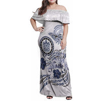 Polynesian Manta Ray Family Matching Off Shoulder Maxi Dress and Hawaiian Shirt Blue Floral Turtle Tattoo - Polynesian Pride