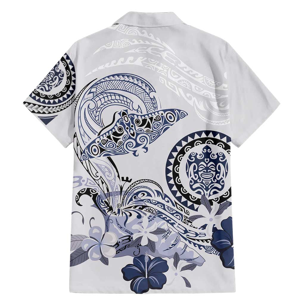 Polynesian Manta Ray Family Matching Off Shoulder Short Dress and Hawaiian Shirt Blue Floral Turtle Tattoo - Polynesian Pride