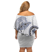 Polynesian Manta Ray Family Matching Off Shoulder Short Dress and Hawaiian Shirt Blue Floral Turtle Tattoo - Polynesian Pride