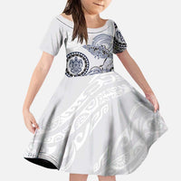 Polynesian Manta Ray Family Matching Puletasi and Hawaiian Shirt Blue Floral Turtle Tattoo LT9 Daughter's Dress Blue - Polynesian Pride