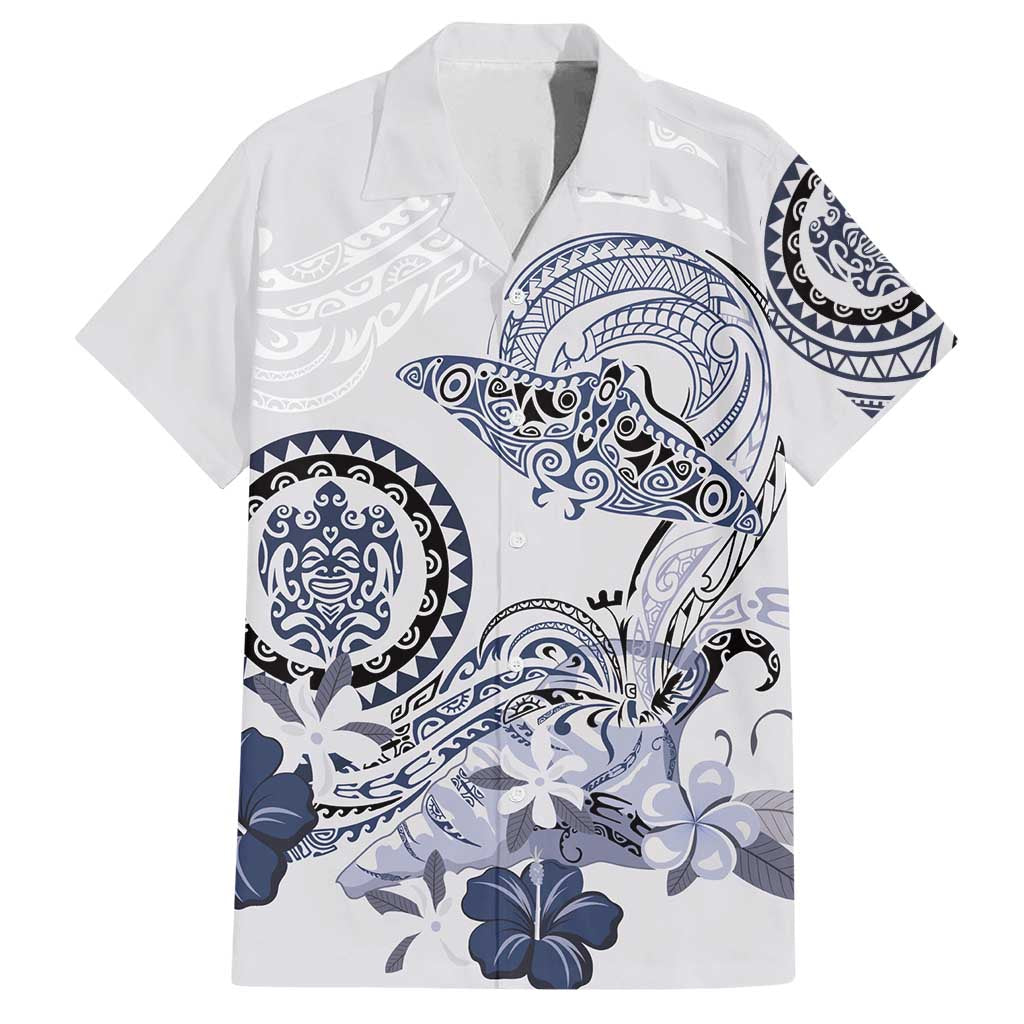 Polynesian Manta Ray Family Matching Puletasi and Hawaiian Shirt Blue Floral Turtle Tattoo LT9 Dad's Shirt - Short Sleeve Blue - Polynesian Pride