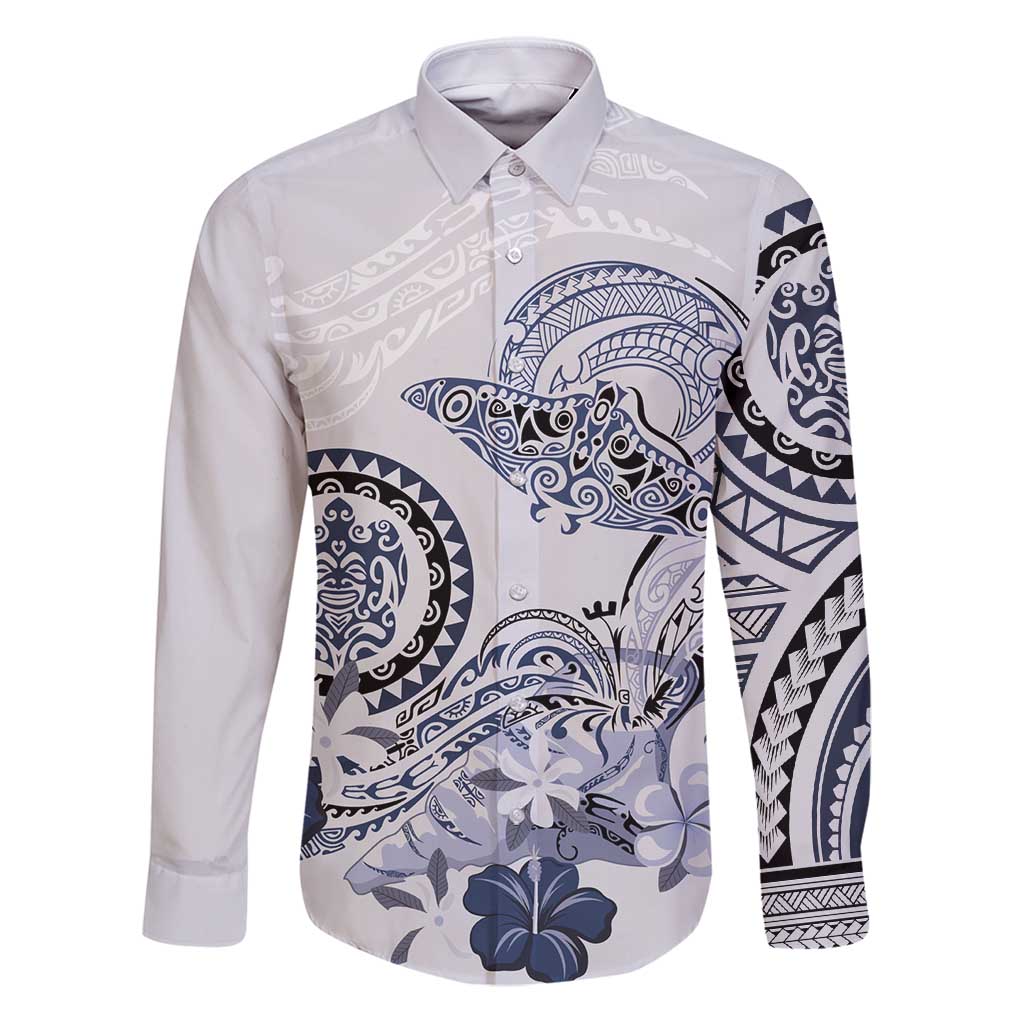 Polynesian Manta Ray Family Matching Puletasi and Hawaiian Shirt Blue Floral Turtle Tattoo LT9 Dad's Shirt - Long Sleeve Blue - Polynesian Pride