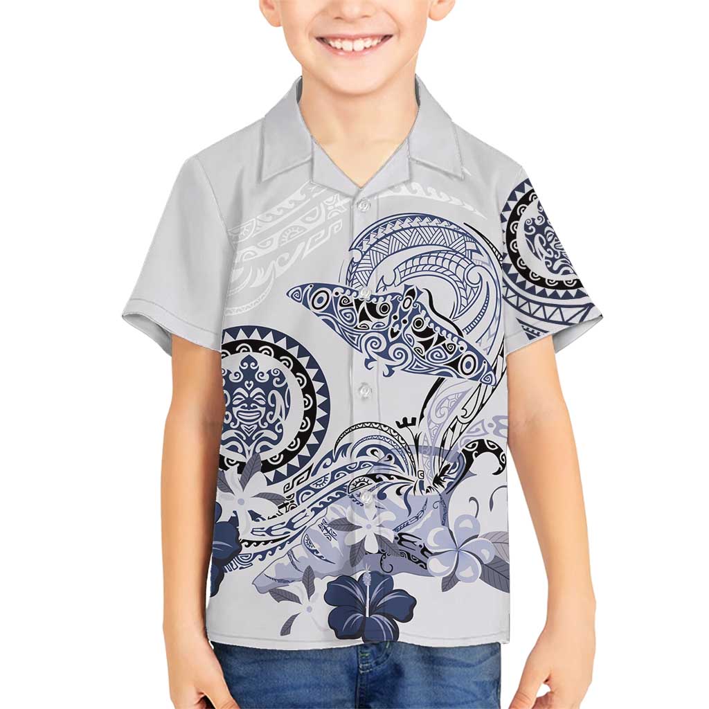 Polynesian Manta Ray Family Matching Puletasi and Hawaiian Shirt Blue Floral Turtle Tattoo LT9 Son's Shirt Blue - Polynesian Pride