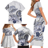 Polynesian Manta Ray Family Matching Short Sleeve Bodycon Dress and Hawaiian Shirt Blue Floral Turtle Tattoo - Polynesian Pride