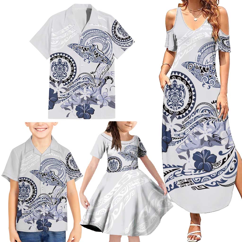 Polynesian Manta Ray Family Matching Summer Maxi Dress and Hawaiian Shirt Blue Floral Turtle Tattoo - Polynesian Pride