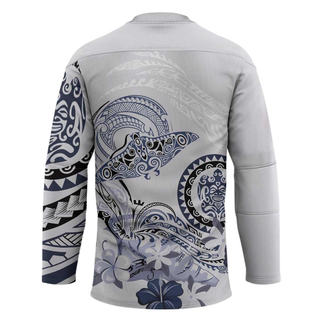 Polynesian Manta Ray Hockey Jersey Blue Floral Turtle Tattoo LT9 - Polynesian Pride